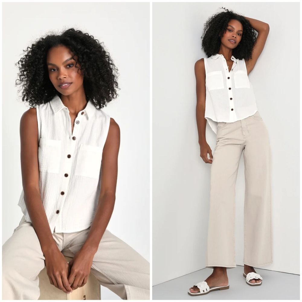 Lulu's Women's S Sweetest Ease Button-Up Sleeveless Cotton Tank Top White